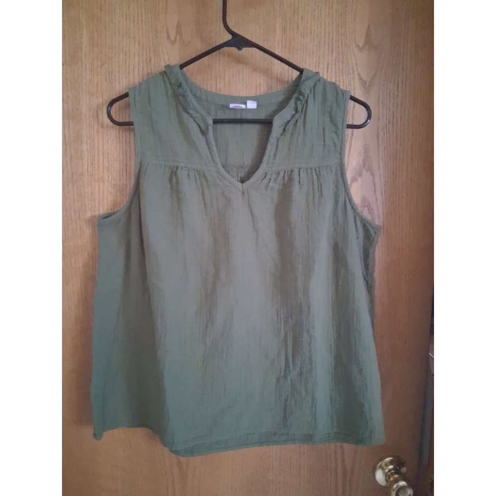 Gap Top Women's L Army Green Sleeveless Gauze Crinkle Cotton Ruffle Boho